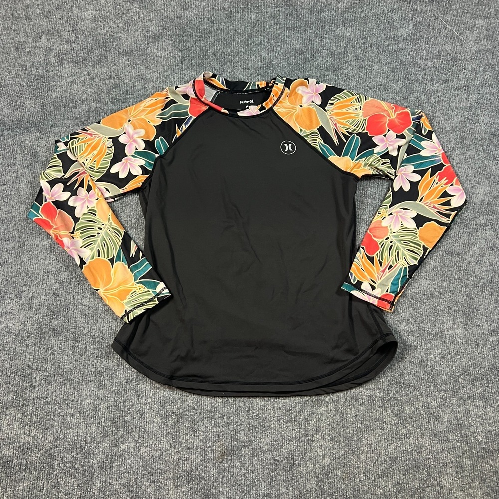 Hurley Rash Guard Shirt Womens Small Multicolor Floral UPF 50+ Stretch Swimming